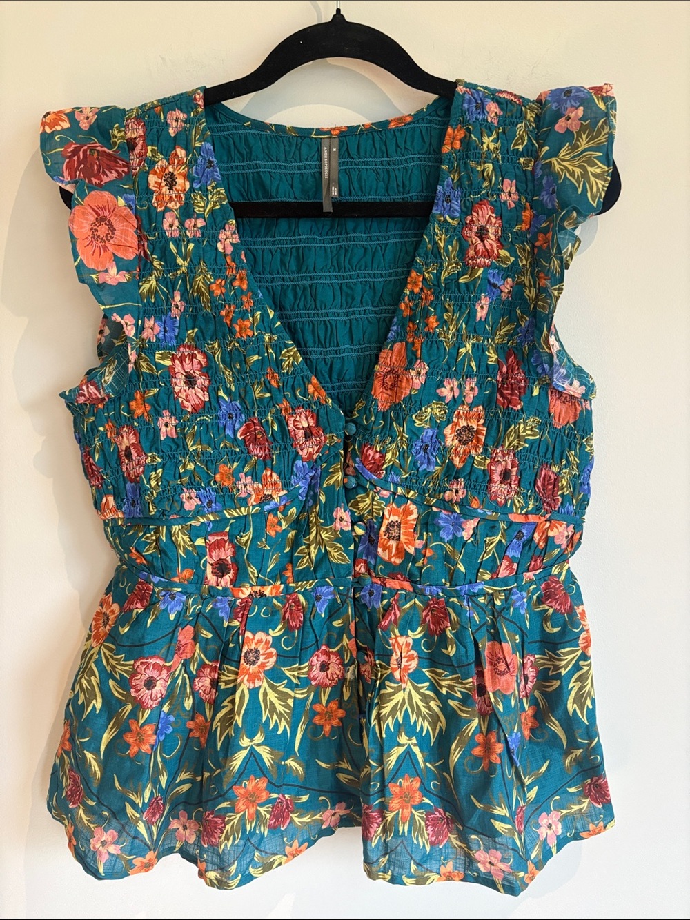 Anthropologie Teal Floral Smocked V-Neck Peplum Top